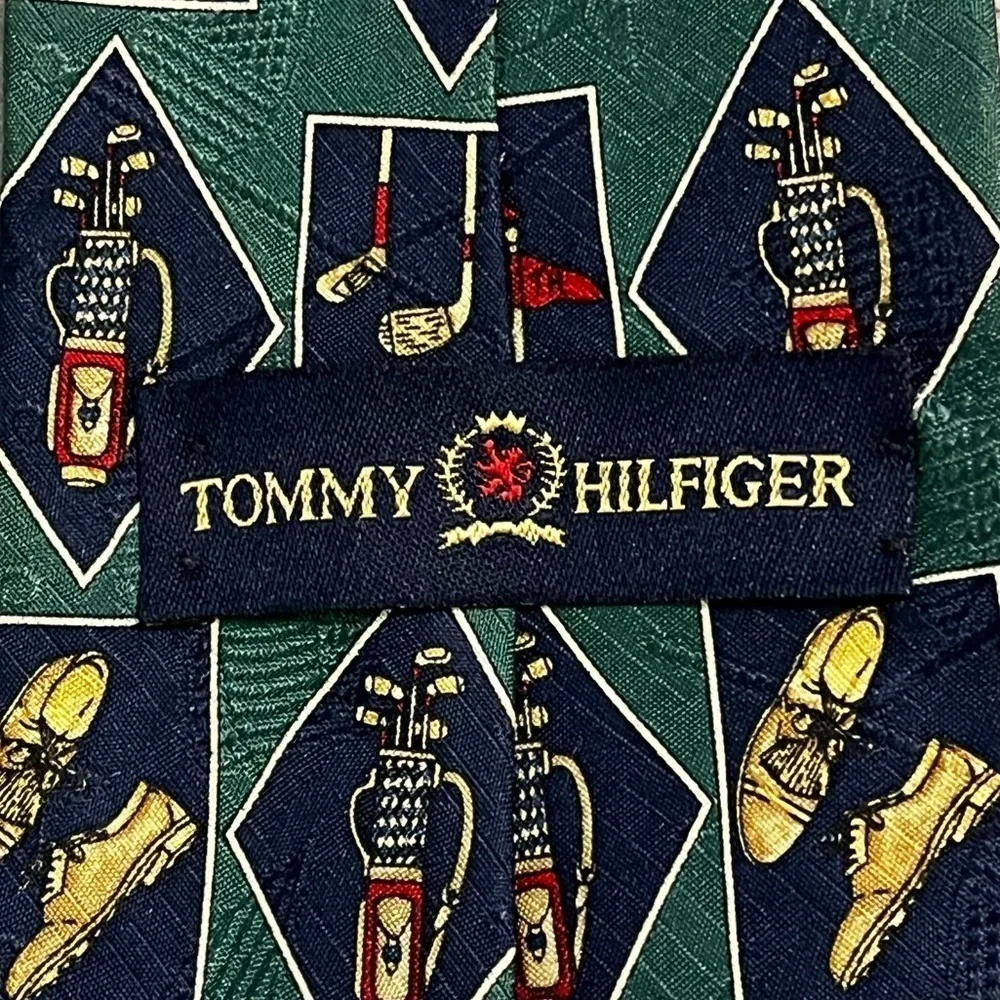 Vintage Tommy Hilfiger Neck Tie 100% Silk Novelty Golf Print Green Made in USA